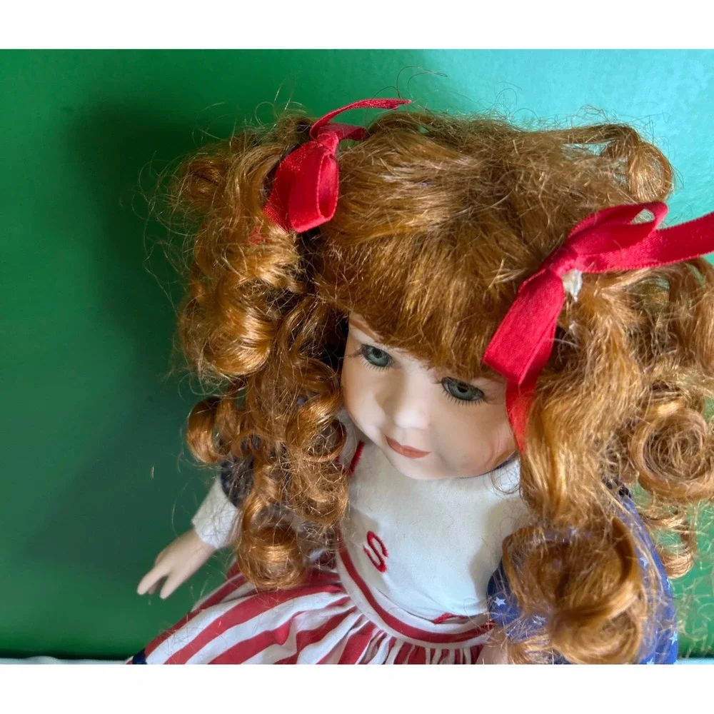 Vintage Porcelain Doll Patriotic USA Americana Red White Blue Auburn Hair 12in